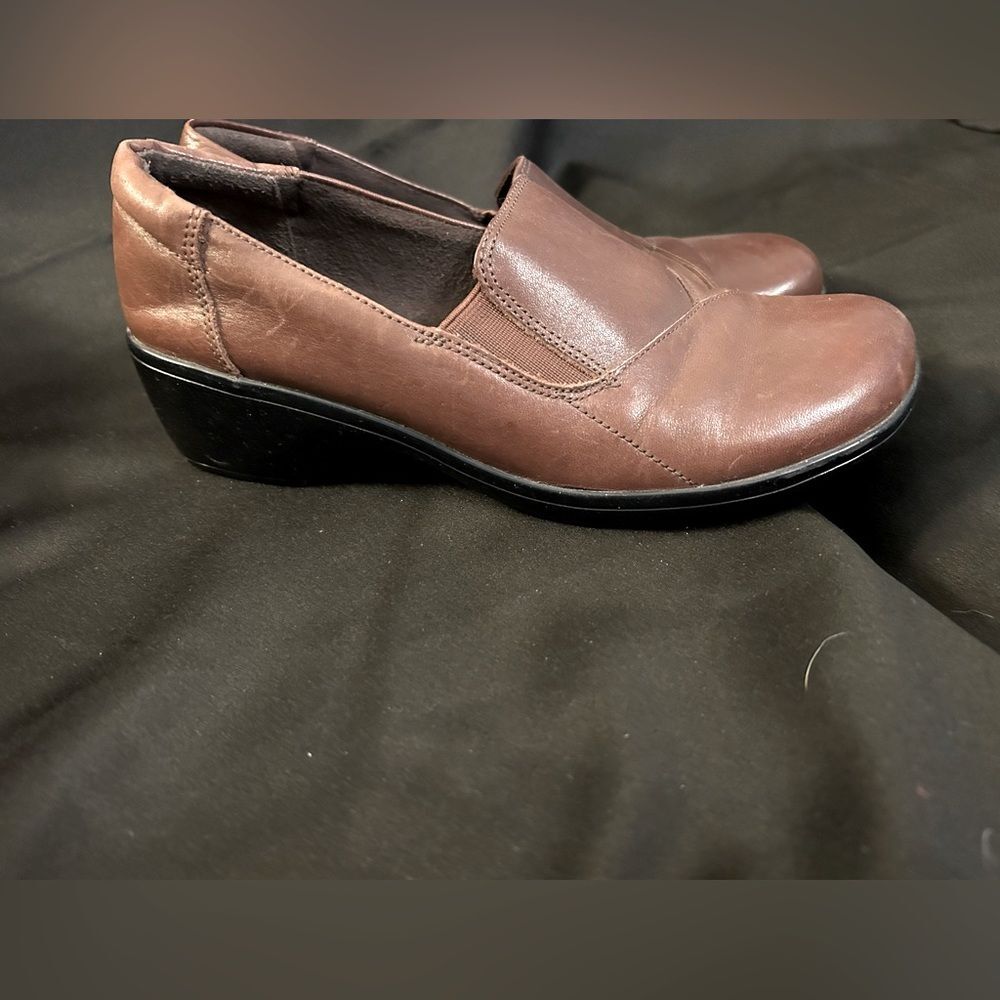 Clarks Bendables May Ivy Brown Leather Comfort Clogs Loafer Shoes size 8 W